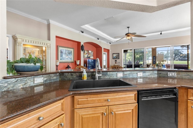 kitchen featuring dark stone counters, sink, ceiling fan, a textured ceiling, and black dishwasher