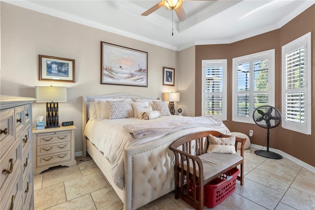 bedroom featuring ceiling fan and crown molding