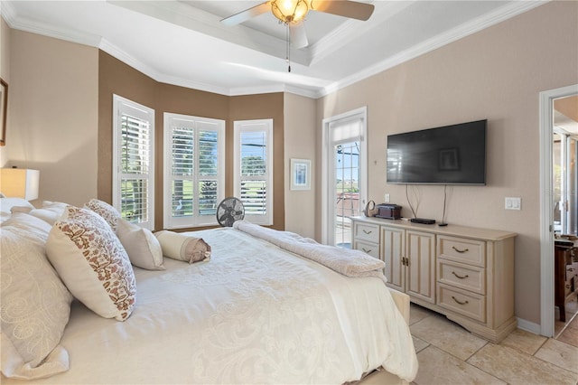 bedroom featuring access to exterior, multiple windows, ceiling fan, and ornamental molding