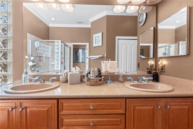 bathroom featuring crown molding, vanity, and walk in shower