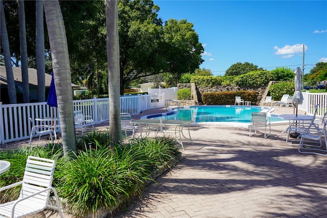 view of swimming pool featuring a patio