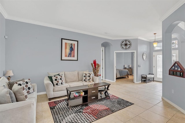 tiled living room with ornamental molding