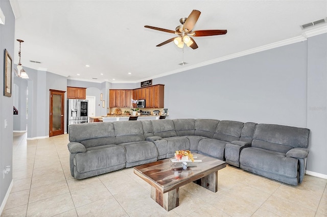 tiled living room featuring ceiling fan and crown molding