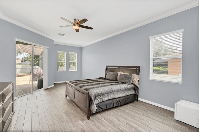 bedroom with light wood-type flooring, ceiling fan, access to outside, and crown molding