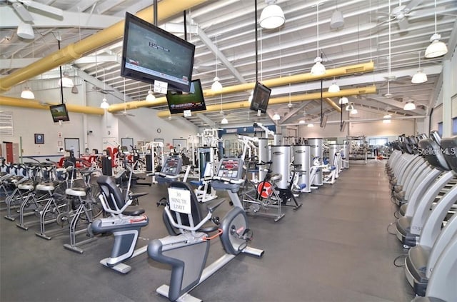 exercise room featuring high vaulted ceiling