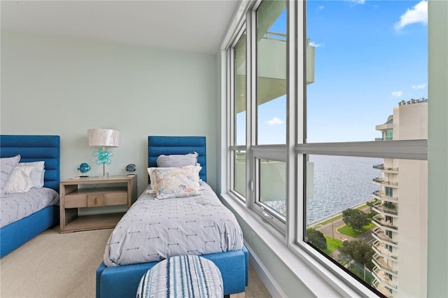 bedroom featuring baseboards, a water view, and carpet floors