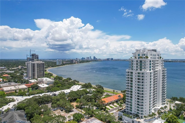 bird's eye view featuring a water view and a city view