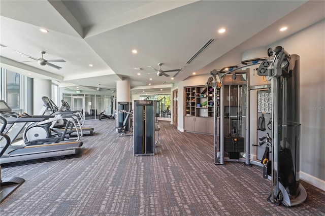 workout area featuring baseboards, visible vents, ceiling fan, and recessed lighting