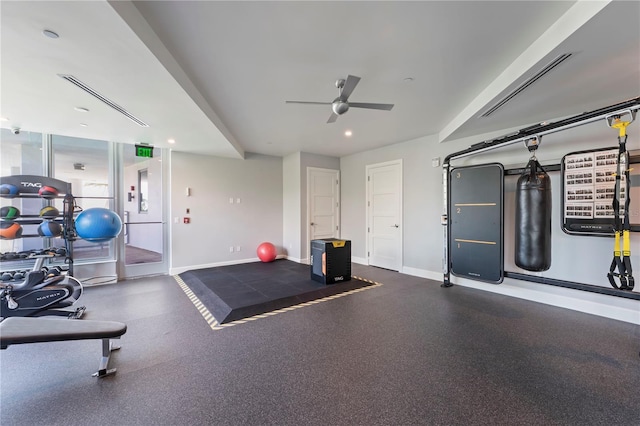 workout room with baseboards, ceiling fan, and recessed lighting