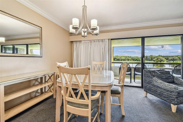 36750 US Highway 19 N Unit 04308, Palm Harbor, FL 34684 - dining space featuring a notable chandelier, ornamental molding, a water view, and carpet
