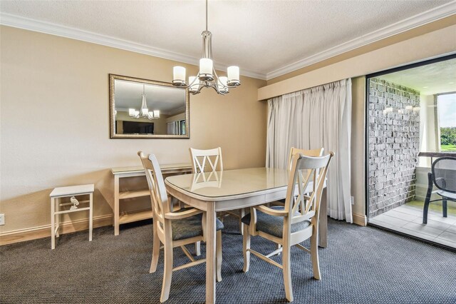 36750 US Highway 19 N Unit 04308, Palm Harbor, FL 34684 - dining space with a textured ceiling, baseboards, carpet, a chandelier, and crown molding