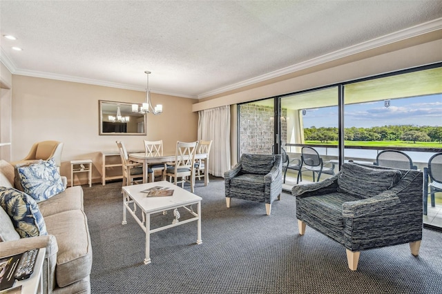36750 US Highway 19 N Unit 04308, Palm Harbor, FL 34684 - living area featuring a chandelier, ornamental molding, carpet flooring, and a textured ceiling