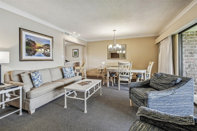 36750 US Highway 19 N Unit 04308, Palm Harbor, FL 34684 - carpeted living area with visible vents, a textured ceiling, a chandelier, and crown molding