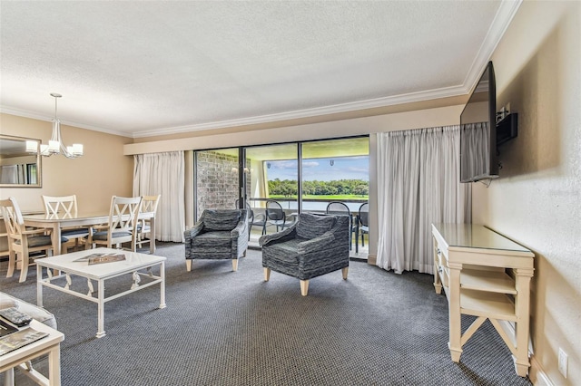 36750 US Highway 19 N Unit 04308, Palm Harbor, FL 34684 - carpeted living area with a notable chandelier, crown molding, and a textured ceiling