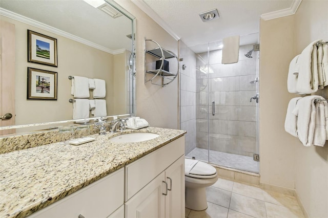 36750 US Highway 19 N Unit 04308, Palm Harbor, FL 34684 - full bath with a stall shower, toilet, tile patterned flooring, crown molding, and vanity