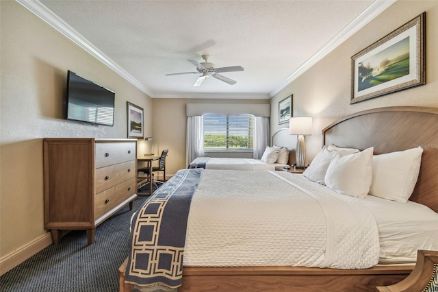 36750 US Highway 19 N Unit 04308, Palm Harbor, FL 34684 - bedroom featuring a textured ceiling, ceiling fan, baseboards, ornamental molding, and dark colored carpet