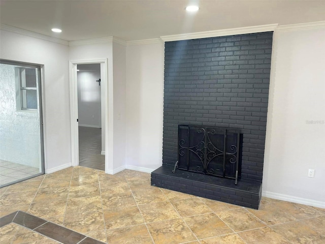 interior space with ornamental molding and a brick fireplace