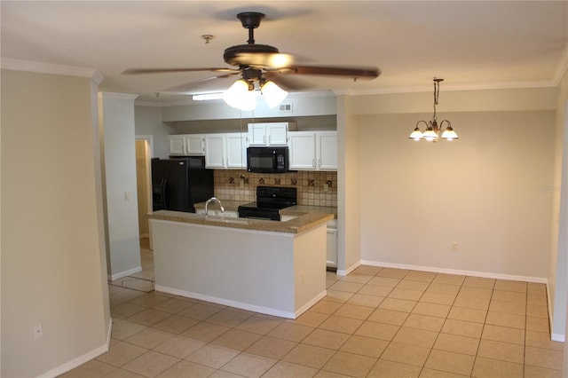 kitchen featuring kitchen peninsula, backsplash, ceiling fan with notable chandelier, black appliances, and white cabinetry