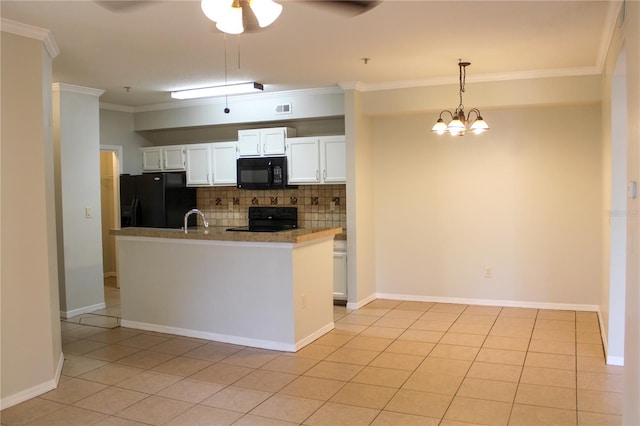 kitchen featuring black appliances, white cabinets, sink, tasteful backsplash, and kitchen peninsula