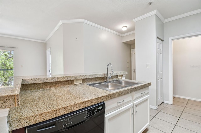 5608 Pinnacle Heights Cir Unit 305, Tampa, FL 33624 - kitchen with tile countertops, black dishwasher, a sink, crown molding, and white cabinetry