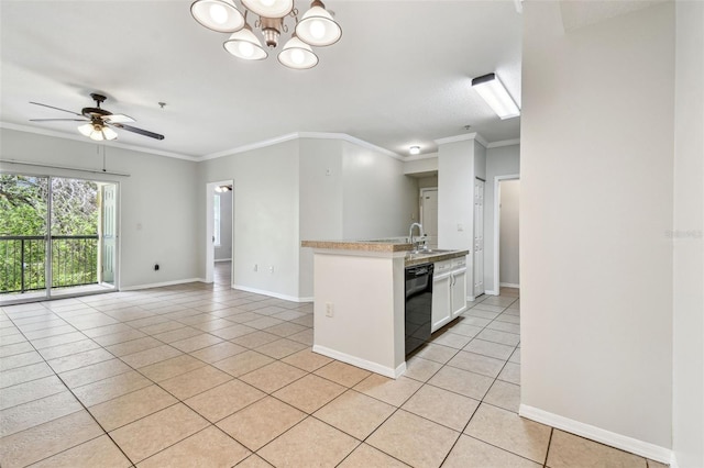 5608 Pinnacle Heights Cir Unit 305, Tampa, FL 33624 - kitchen featuring black dishwasher, light tile patterned floors, light countertops, open floor plan, and ornamental molding