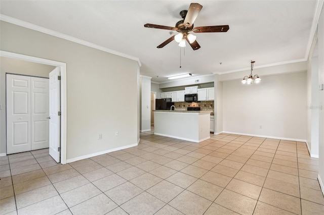 5608 Pinnacle Heights Cir Unit 305, Tampa, FL 33624 - unfurnished living room with ornamental molding, light tile patterned floors, ceiling fan, a chandelier, and baseboards