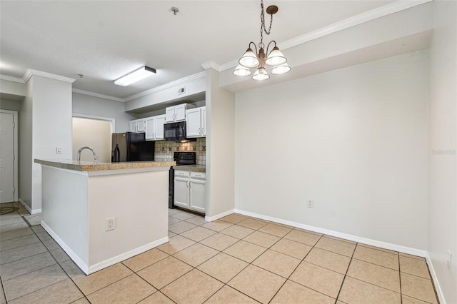 5608 Pinnacle Heights Cir Unit 305, Tampa, FL 33624 - kitchen with black appliances, crown molding, backsplash, light tile patterned flooring, and a sink