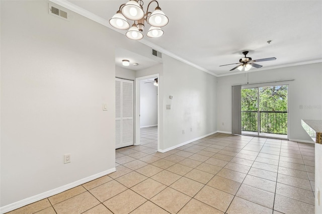 5608 Pinnacle Heights Cir Unit 305, Tampa, FL 33624 - unfurnished room featuring a ceiling fan, light tile patterned floors, ornamental molding, baseboards, and a chandelier