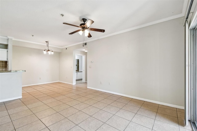 5608 Pinnacle Heights Cir Unit 305, Tampa, FL 33624 - unfurnished living room featuring ceiling fan, a chandelier, ornamental molding, and baseboards