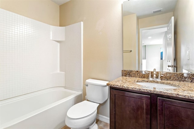 full bathroom with shower / bathtub combination, vanity, and toilet