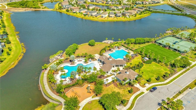 drone / aerial view featuring a water view