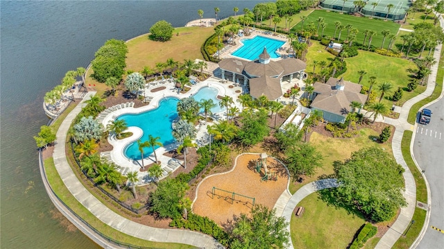 birds eye view of property featuring a water view