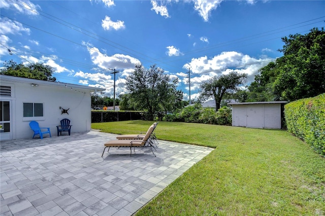 view of yard with a patio and a shed