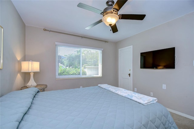 bedroom featuring ceiling fan and carpet