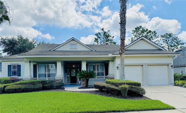 ranch-style house featuring a front lawn, a garage, and covered porch