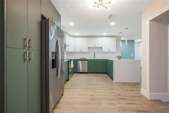 kitchen featuring white cabinetry, appliances with stainless steel finishes, light wood-type flooring, sink, and decorative backsplash