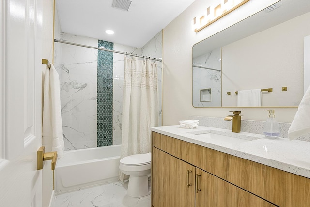 full bathroom featuring toilet, shower / tub combo with curtain, and vanity