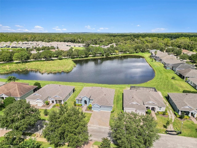 birds eye view of property with a water view and a residential view