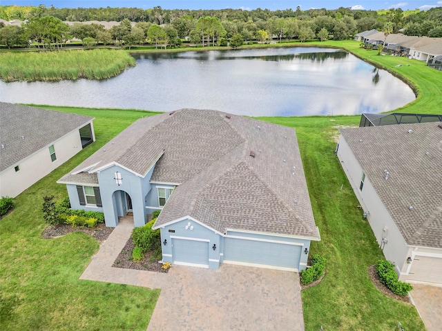 aerial view featuring a water view