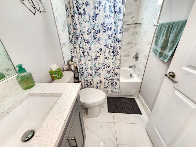 full bathroom with vanity, shower / bath combo, and toilet