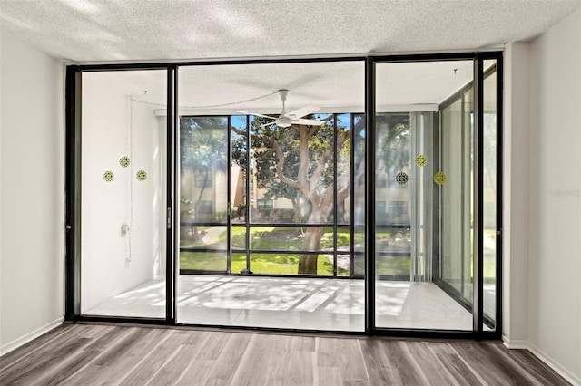 entryway with ceiling fan, a wall of windows, and hardwood / wood-style floors