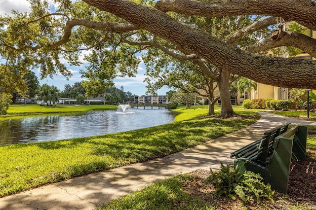 surrounding community featuring a water view and a lawn