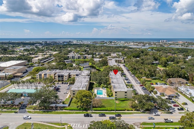 drone / aerial view featuring a water view