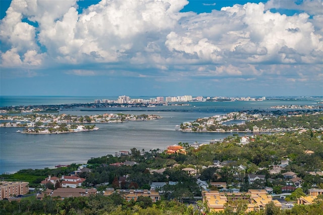 drone / aerial view featuring a water view