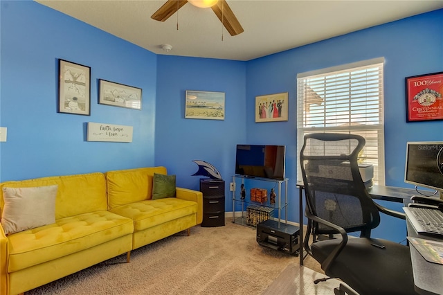 office with ceiling fan and light carpet