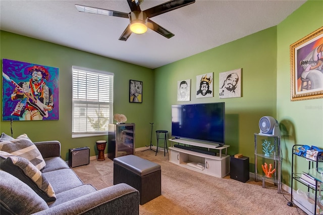 carpeted living room featuring ceiling fan and wine cooler