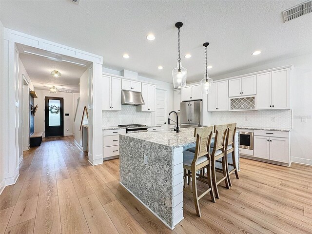 kitchen with light wood finished floors, visible vents, under cabinet range hood, and stainless steel appliances