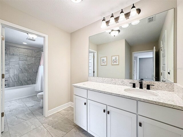 full bath featuring visible vents, a textured ceiling, toilet, marble finish floor, and shower / tub combo with curtain