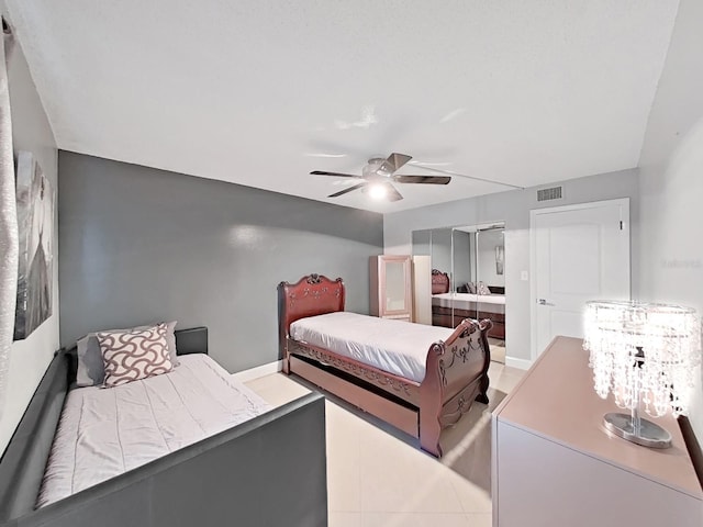 bedroom featuring ceiling fan and a closet