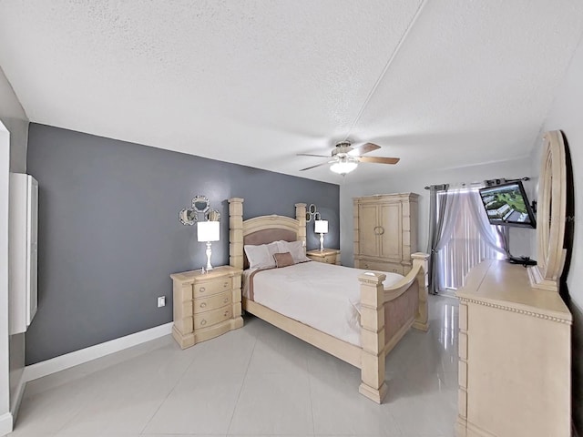 bedroom with a textured ceiling and ceiling fan